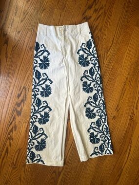 Anthropologie White Pants with Navy Embroidered Detail